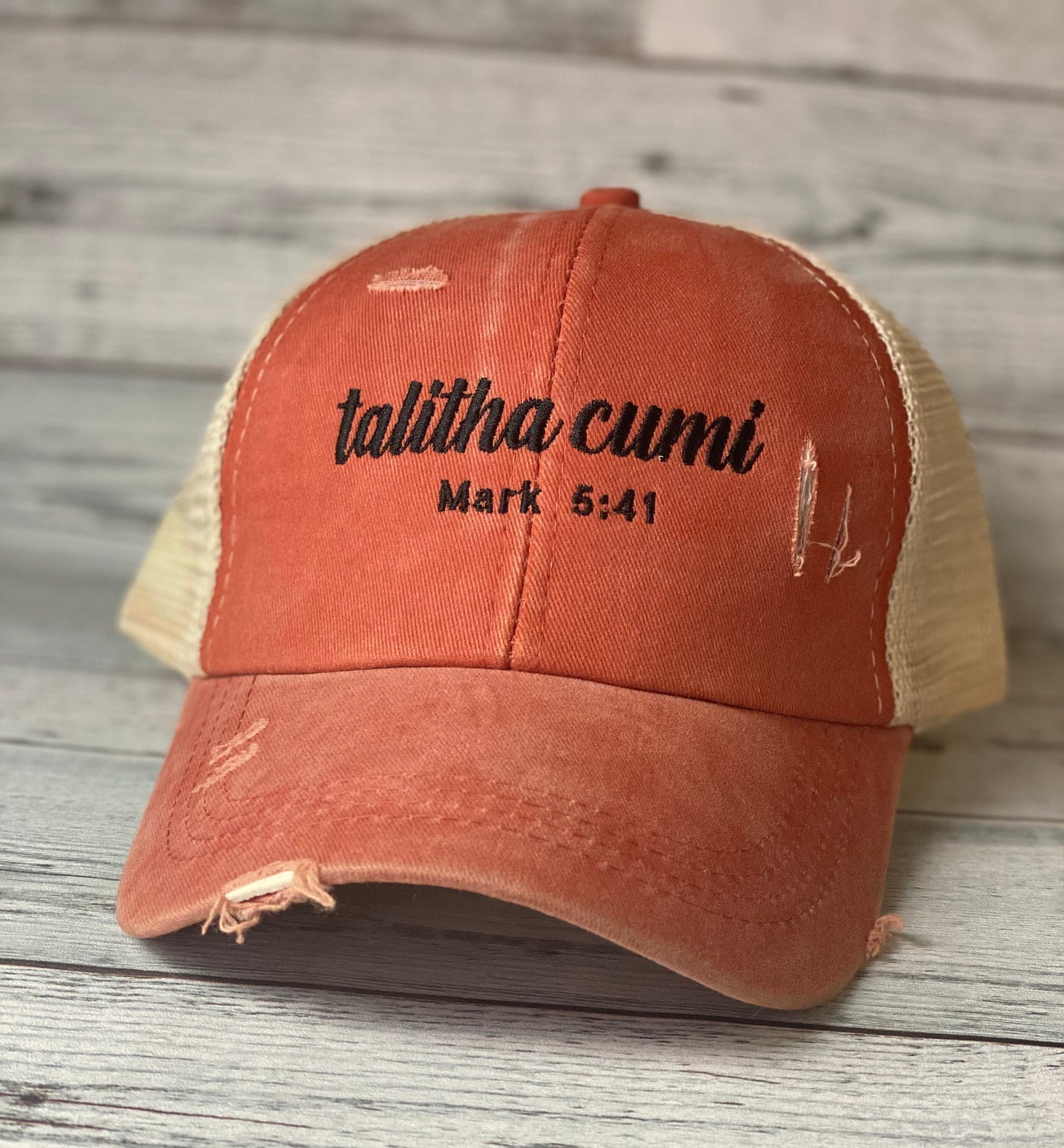 Talitha cumi Mark 5:41 Embroidered Distressed Hat