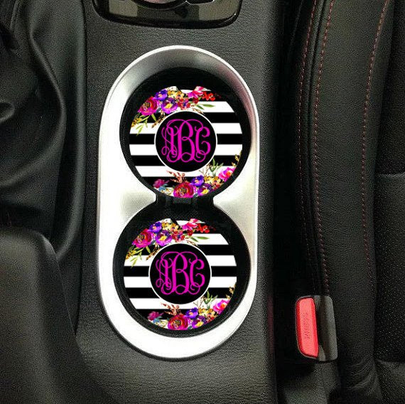 Black and White Striped Floral Car Coaster