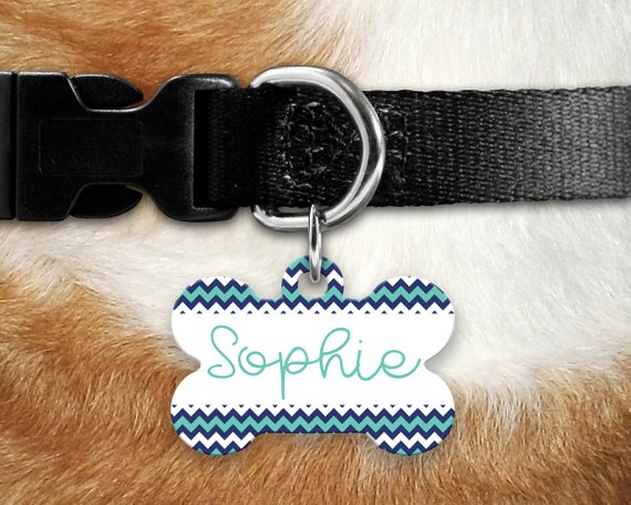 Blue and Teal Chevron Bone Pet ID Tag