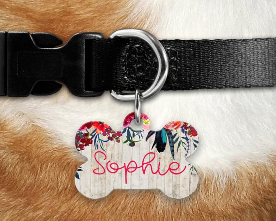 Cranberry Navy Floral Wooden Pet ID Tag