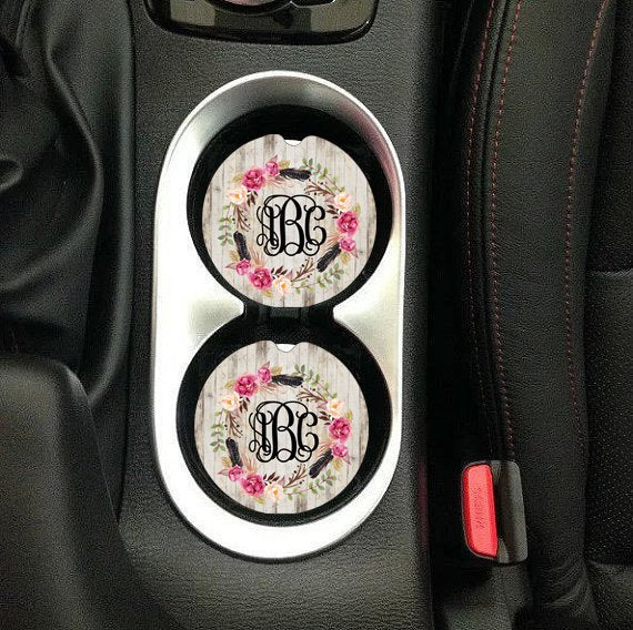 Distressed Wooden Floral Monogram Car Coaster