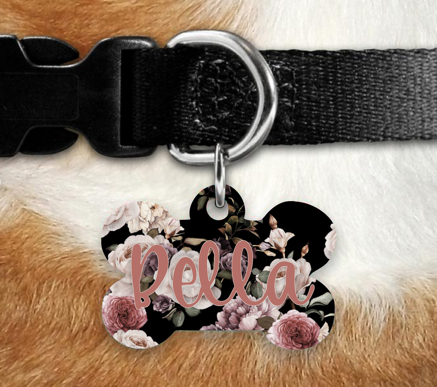 Black Floral - Bone Pet ID Tag
