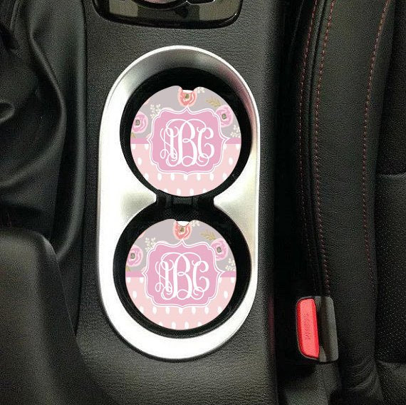 Pink and Grey Floral Monogram Car Coaster
