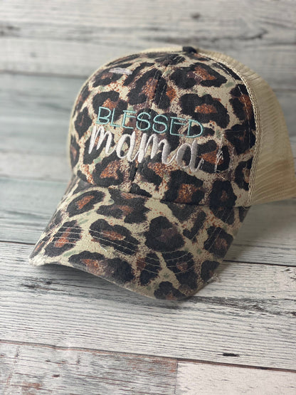 Blessed Mama Embroidered Distressed Hat