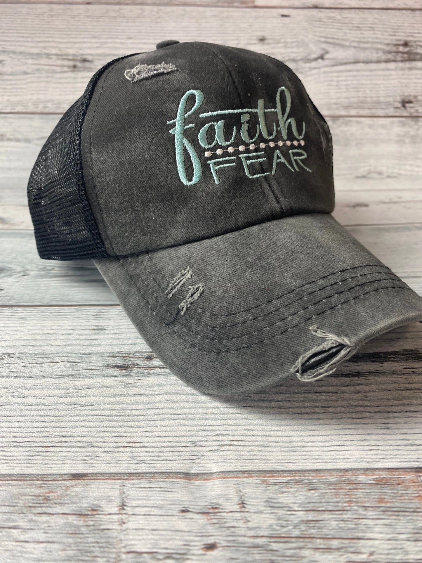 Faith over Fear Embroidered Distressed Hat