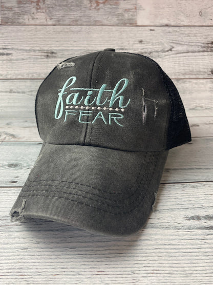 Faith over Fear Embroidered Distressed Hat