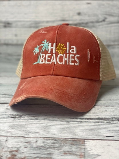 Hola Beaches Embroidered Distressed Hat