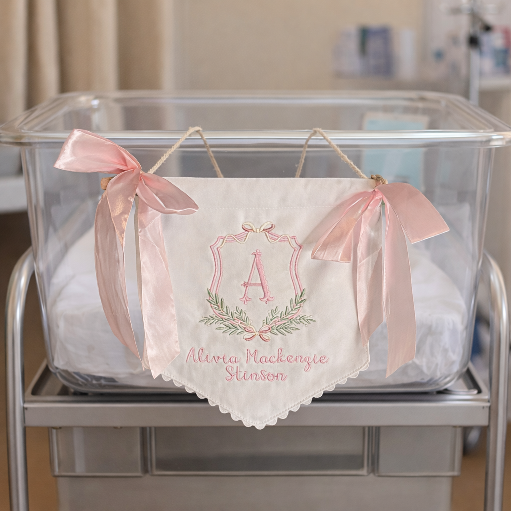 Embroidered Baby Banner- Greenery Bow