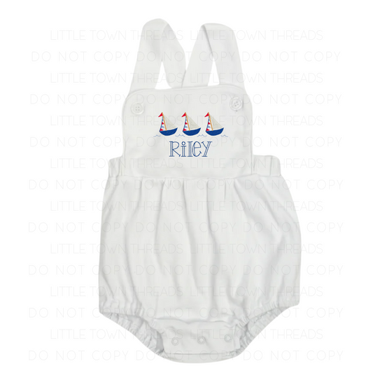 Unisex Vintage Sailboat Bubble Romper- White