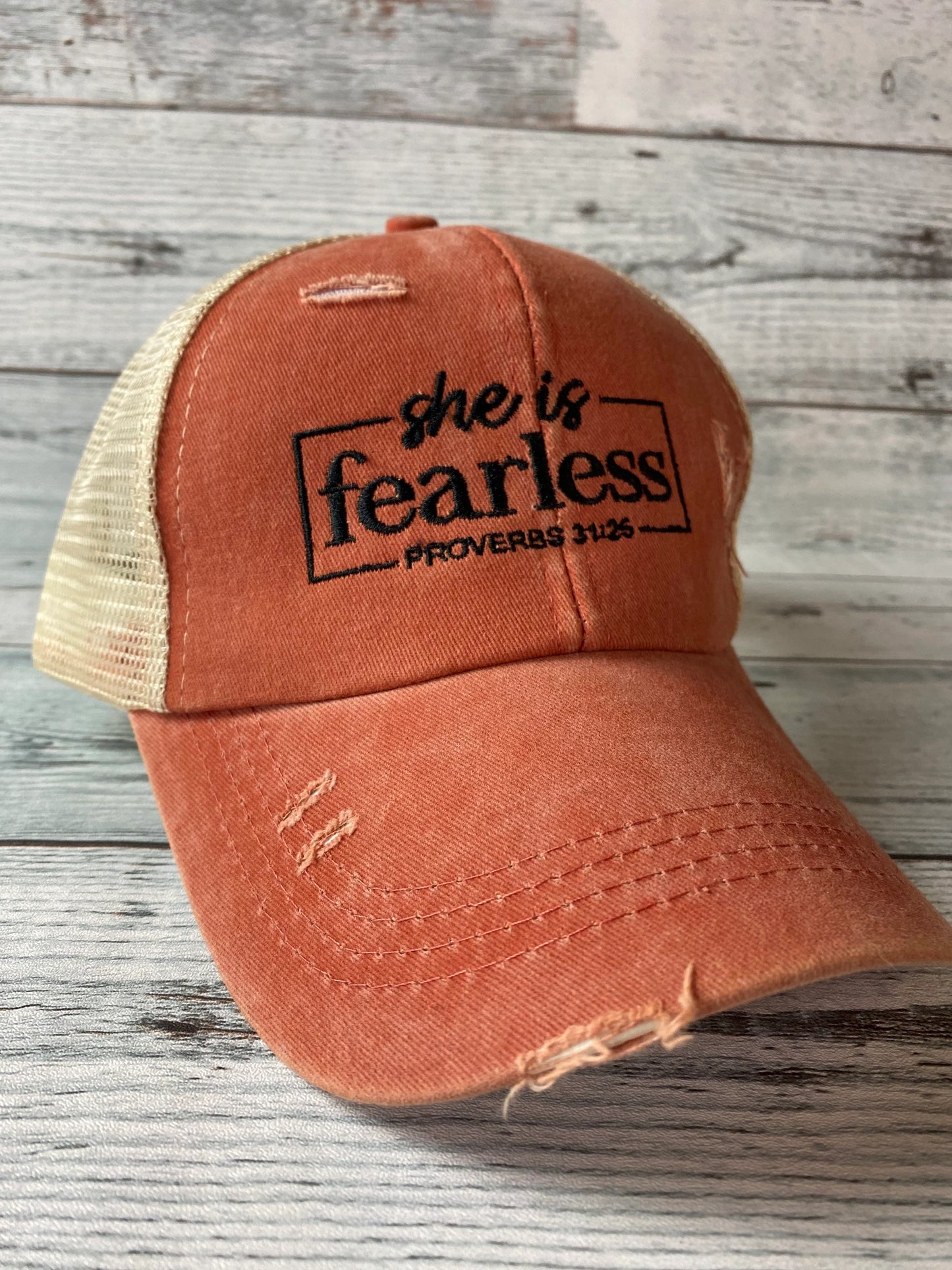 She is Fearless Proverbs 31:25 Embroidered Distressed Hat