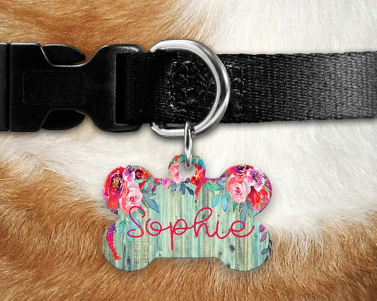Floral Turquoise Wooden Look Pet ID Tag